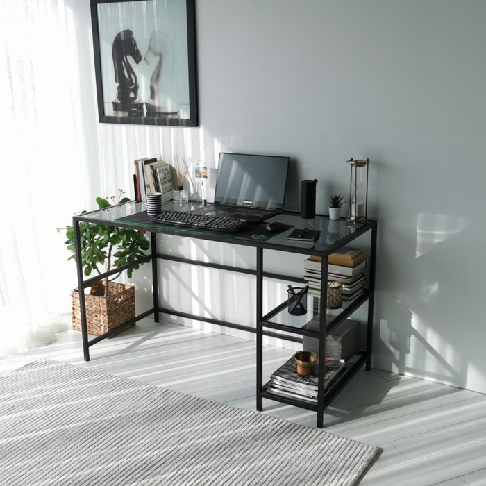 Hanah Home Mesa de Estudio M101F 130x60cm, Cristal Templado y Metal, Diseño Moderno e Industrial